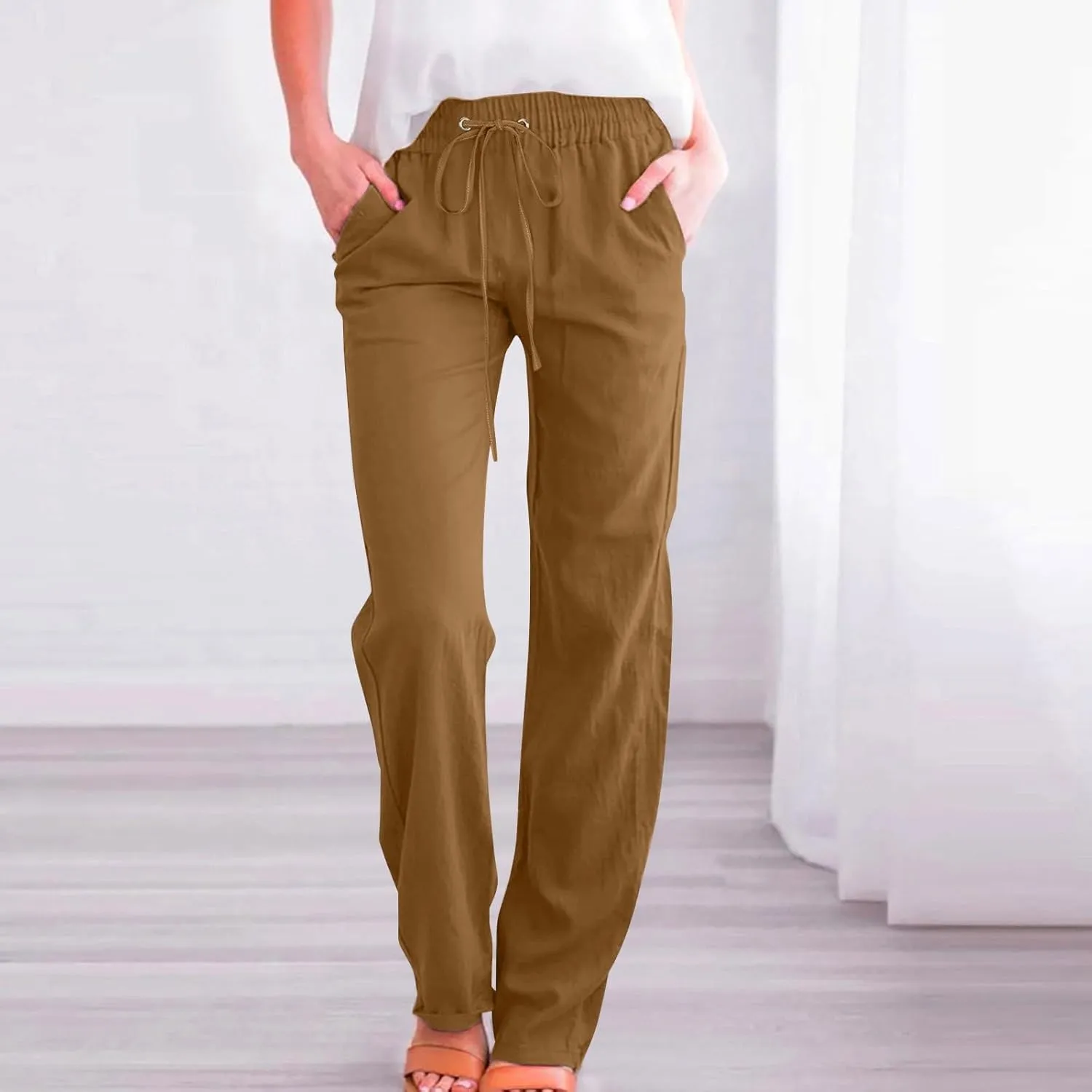 Women Linen Summer Letter Patched Pant Trousers High Waist Stretchy Straight Slim-Fit Palazzo Pants Business Work
