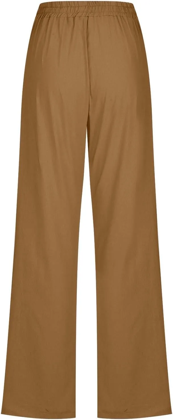 Women Linen Summer Letter Patched Pant Trousers High Waist Stretchy Straight Slim-Fit Palazzo Pants Business Work