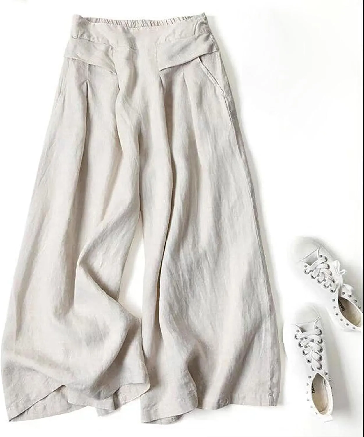Women Linen Summer Loose Flowy Pants Low Waist Bootcut Slim-Fit Palazzo Lounge Pants Travel