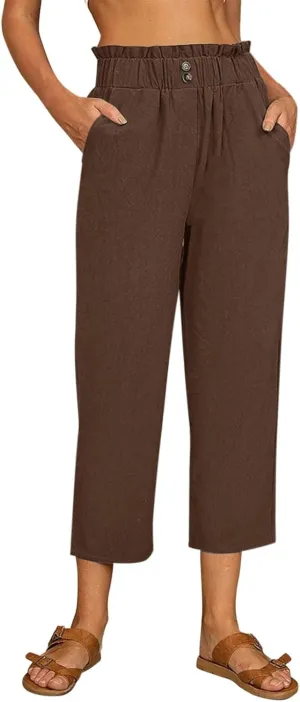 Women Linen Summer Loose Pants High Waist Stretchy Straight Loose Fit Trousers Business Work