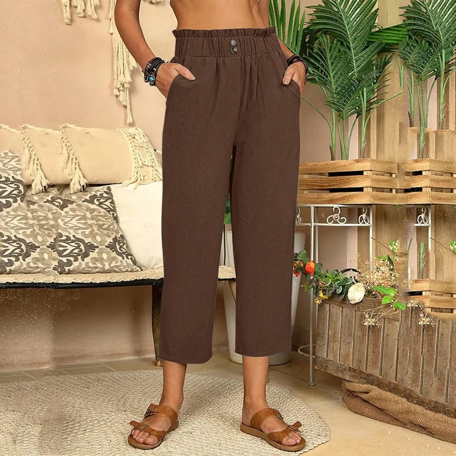 Women Linen Summer Loose Pants High Waist Stretchy Straight Loose Fit Trousers Business Work