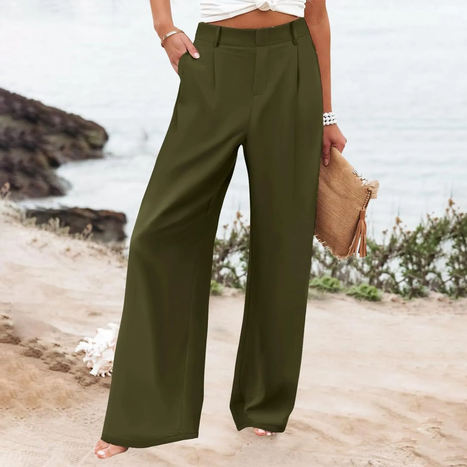Women Linen Summer Y2K Fashion Pants Elastic Waist Wide Leg Loose Fit Palazzo Pants Office