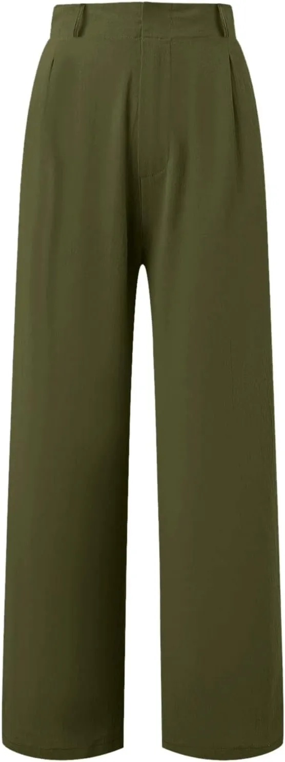 Women Linen Summer Y2K Fashion Pants Elastic Waist Wide Leg Loose Fit Palazzo Pants Office