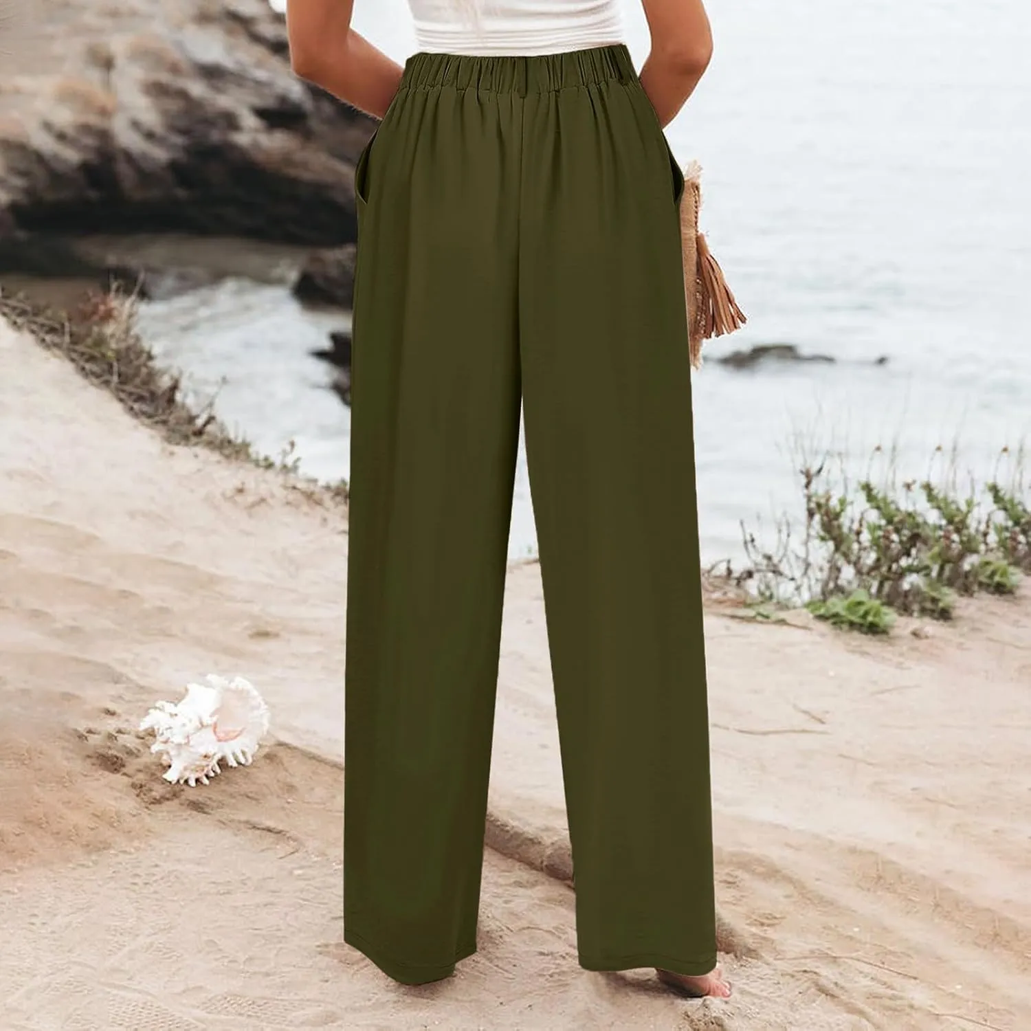 Women Linen Summer Y2K Fashion Pants Elastic Waist Wide Leg Loose Fit Palazzo Pants Office