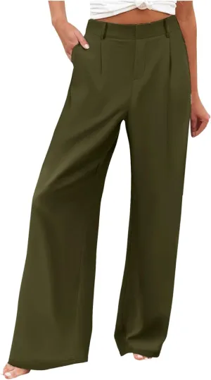 Women Linen Summer Y2K Fashion Pants Elastic Waist Wide Leg Loose Fit Palazzo Pants Office