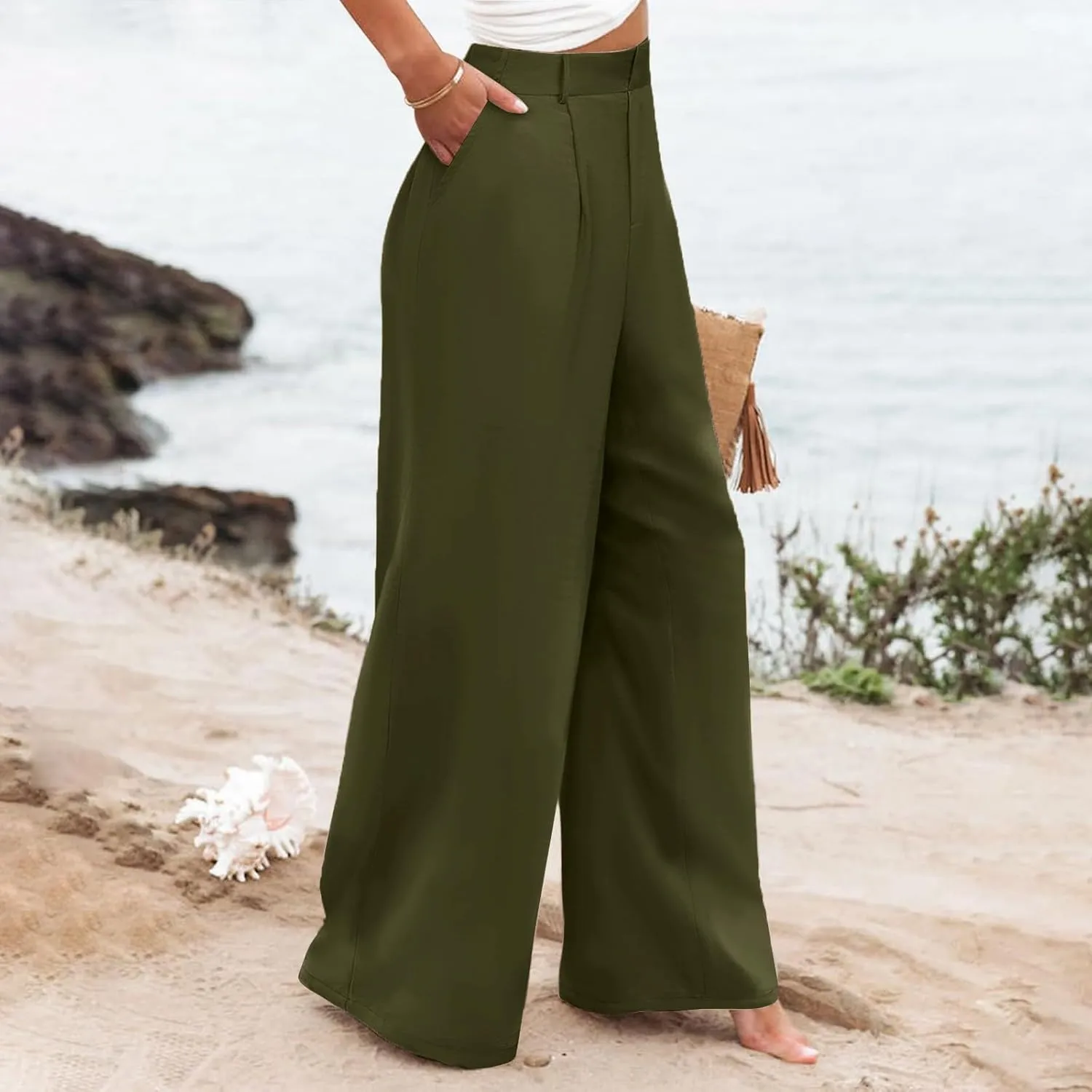 Women Linen Summer Y2K Fashion Pants Elastic Waist Wide Leg Loose Fit Palazzo Pants Office