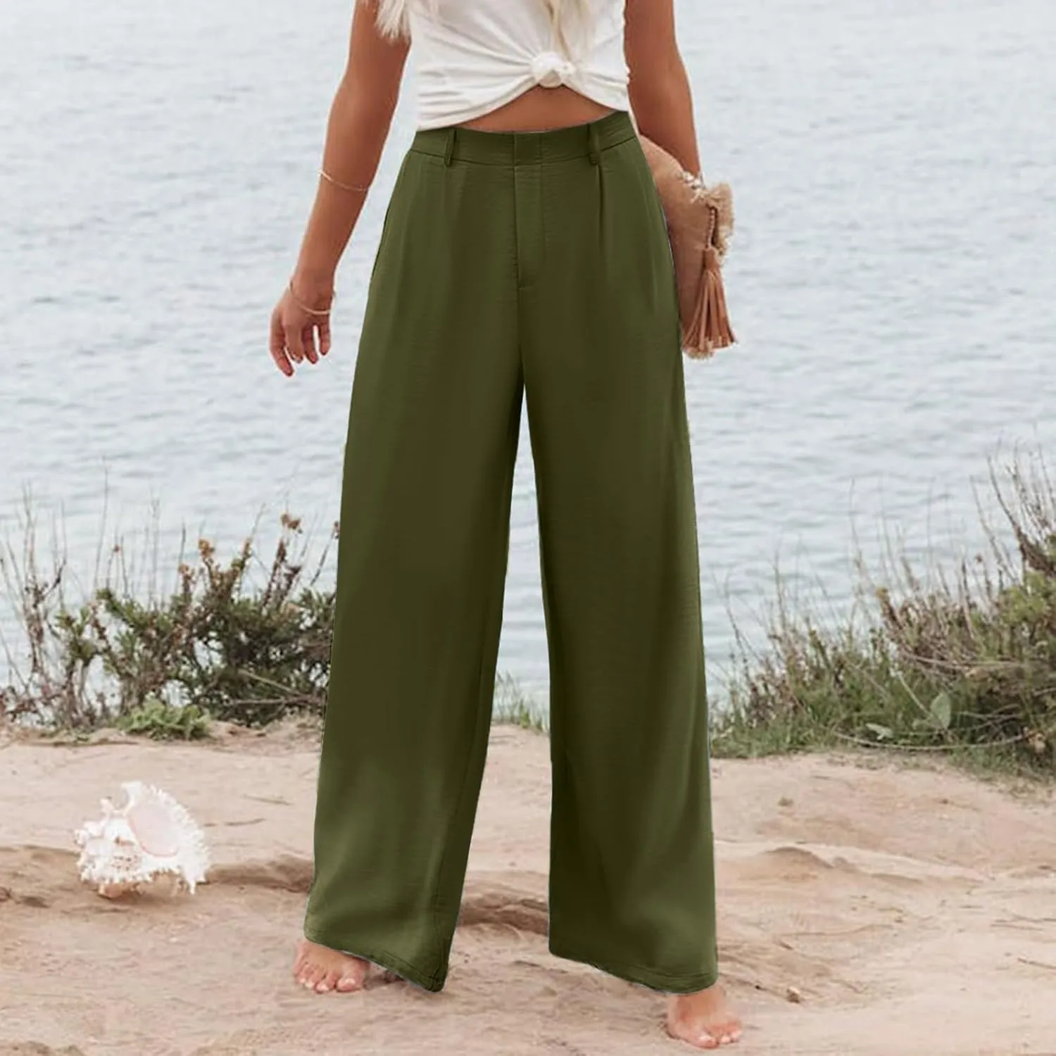Women Linen Summer Y2K Fashion Pants Elastic Waist Wide Leg Loose Fit Palazzo Pants Office