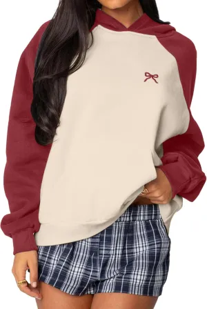 Women Oversized Color Block Hoodies Bow Graphic Embroidered Hooded Sweatshirts Casual Fall Pullover Sweatshirt Tops