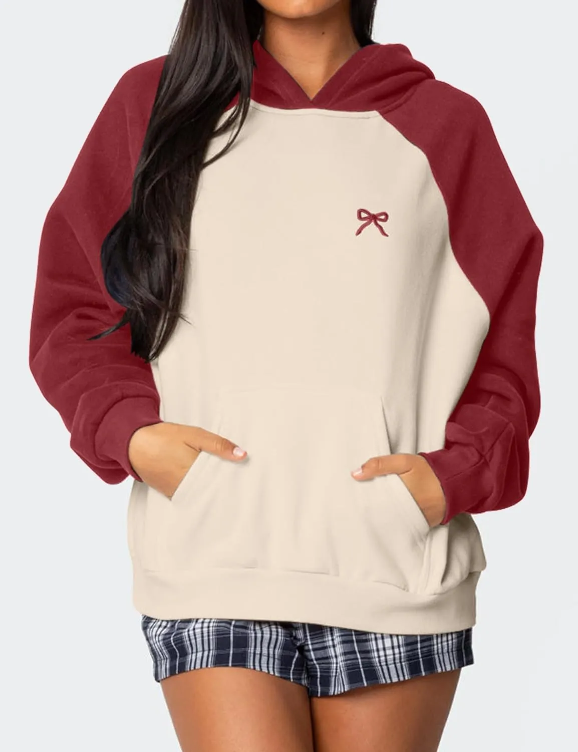 Women Oversized Color Block Hoodies Bow Graphic Embroidered Hooded Sweatshirts Casual Fall Pullover Sweatshirt Tops