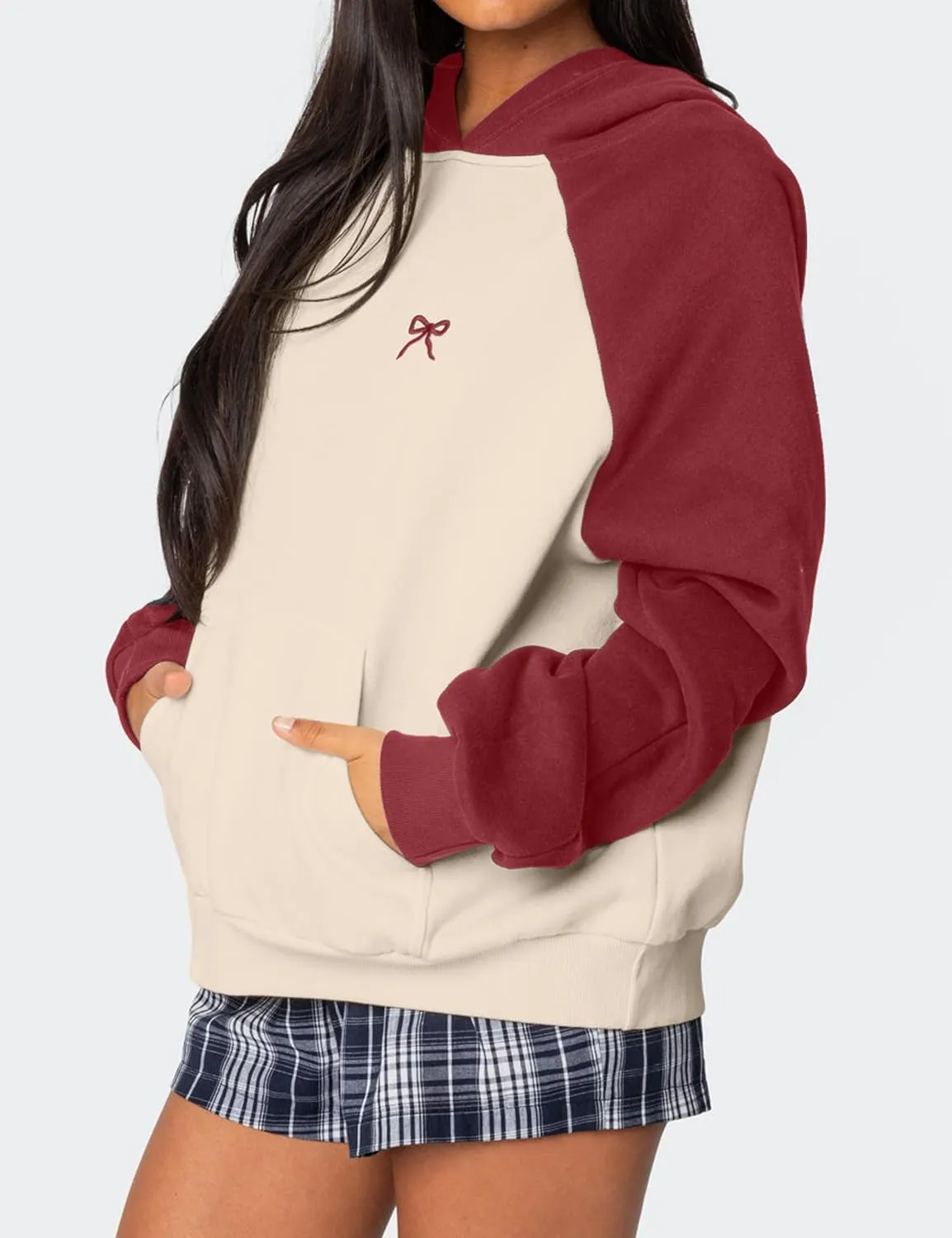 Women Oversized Color Block Hoodies Bow Graphic Embroidered Hooded Sweatshirts Casual Fall Pullover Sweatshirt Tops