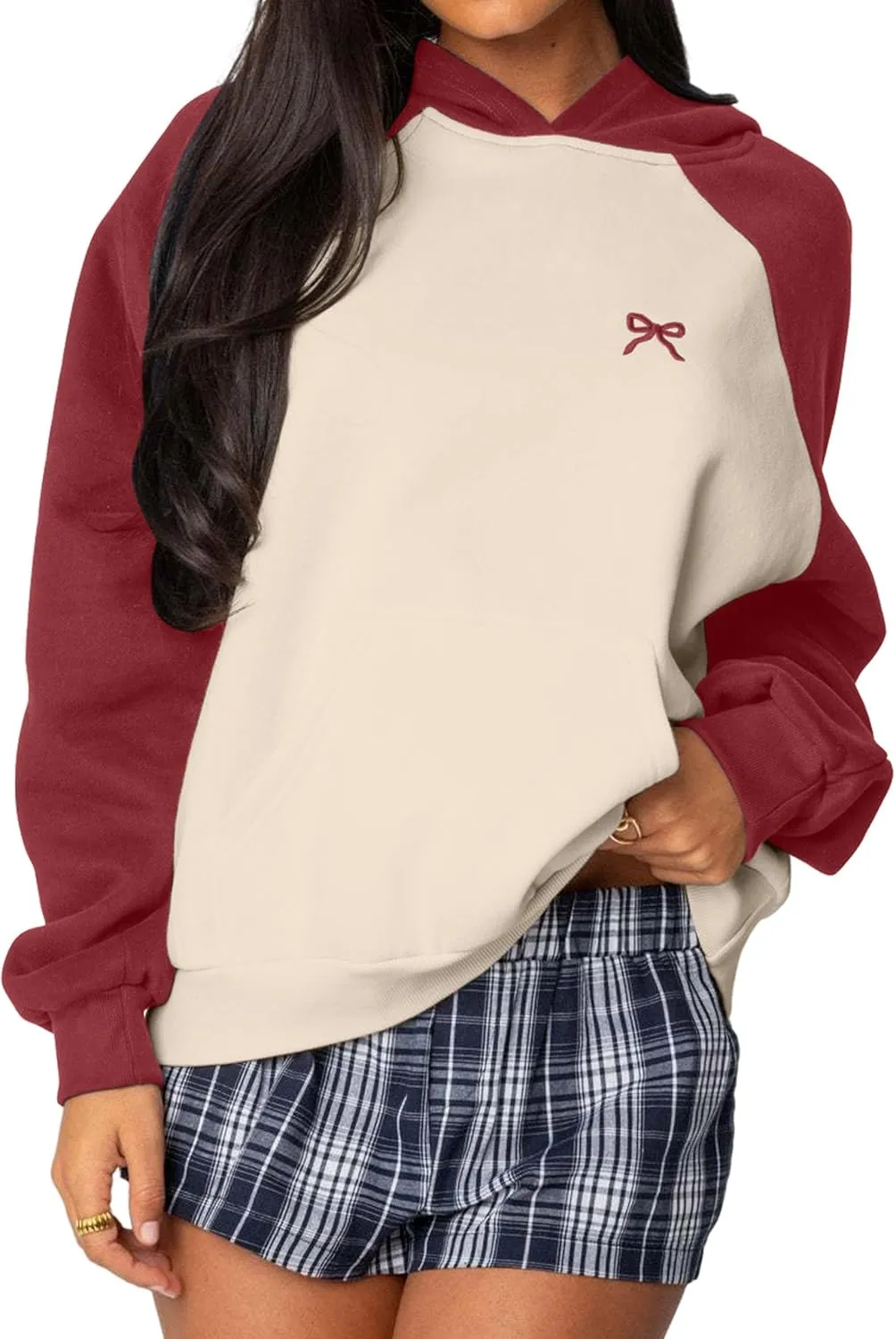 Women Oversized Color Block Hoodies Bow Graphic Embroidered Hooded Sweatshirts Casual Fall Pullover Sweatshirt Tops