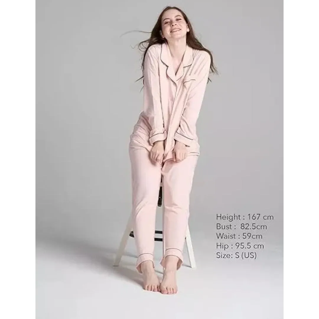 Women Pink Pyjamas Set Knit Lounge Bottom Pants and Long Sleeve Button Top