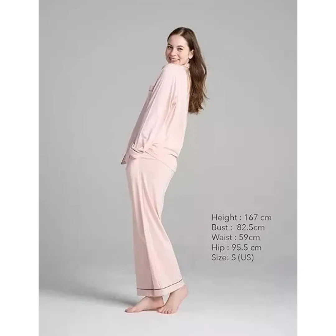 Women Pink Pyjamas Set Knit Lounge Bottom Pants and Long Sleeve Button Top