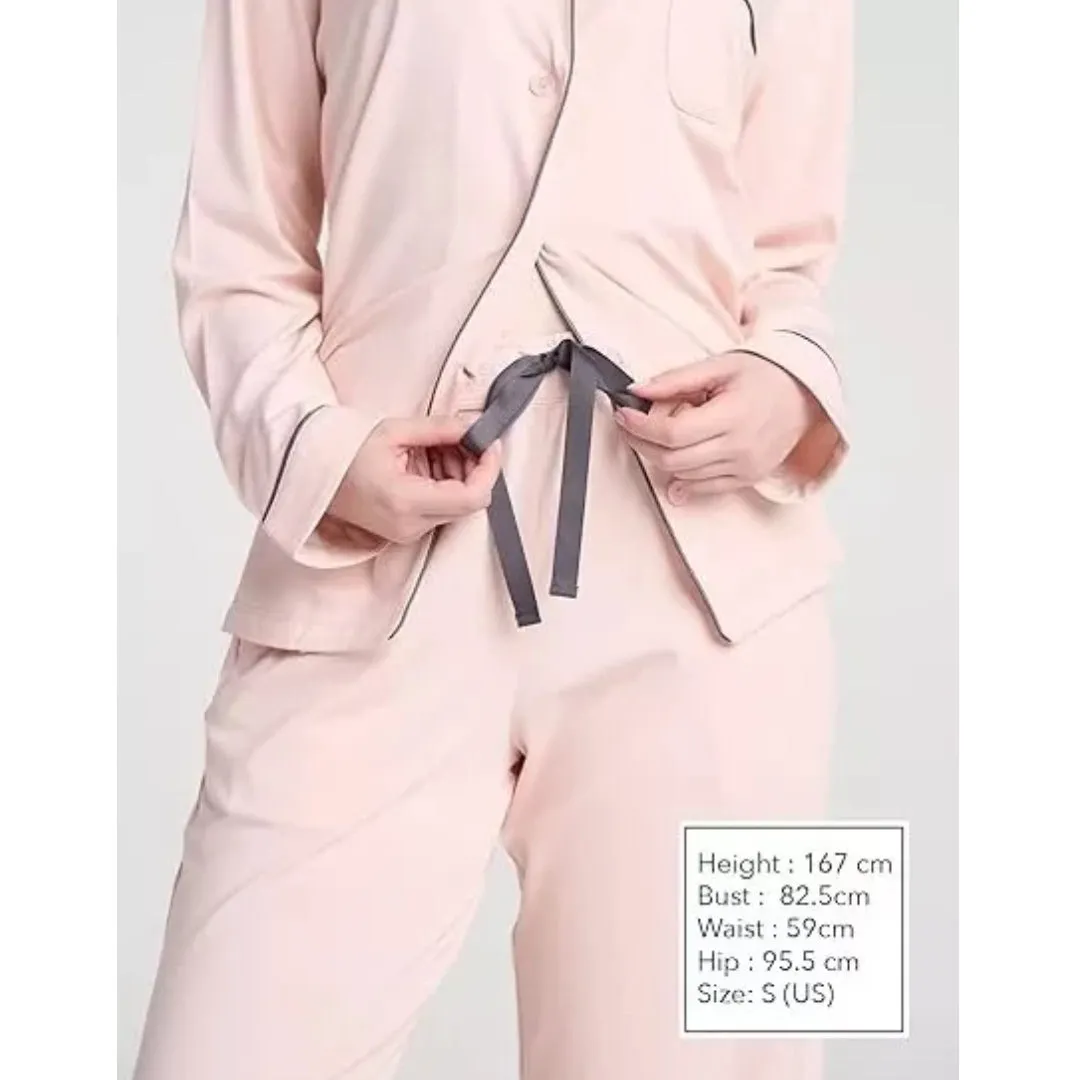 Women Pink Pyjamas Set Knit Lounge Bottom Pants and Long Sleeve Button Top