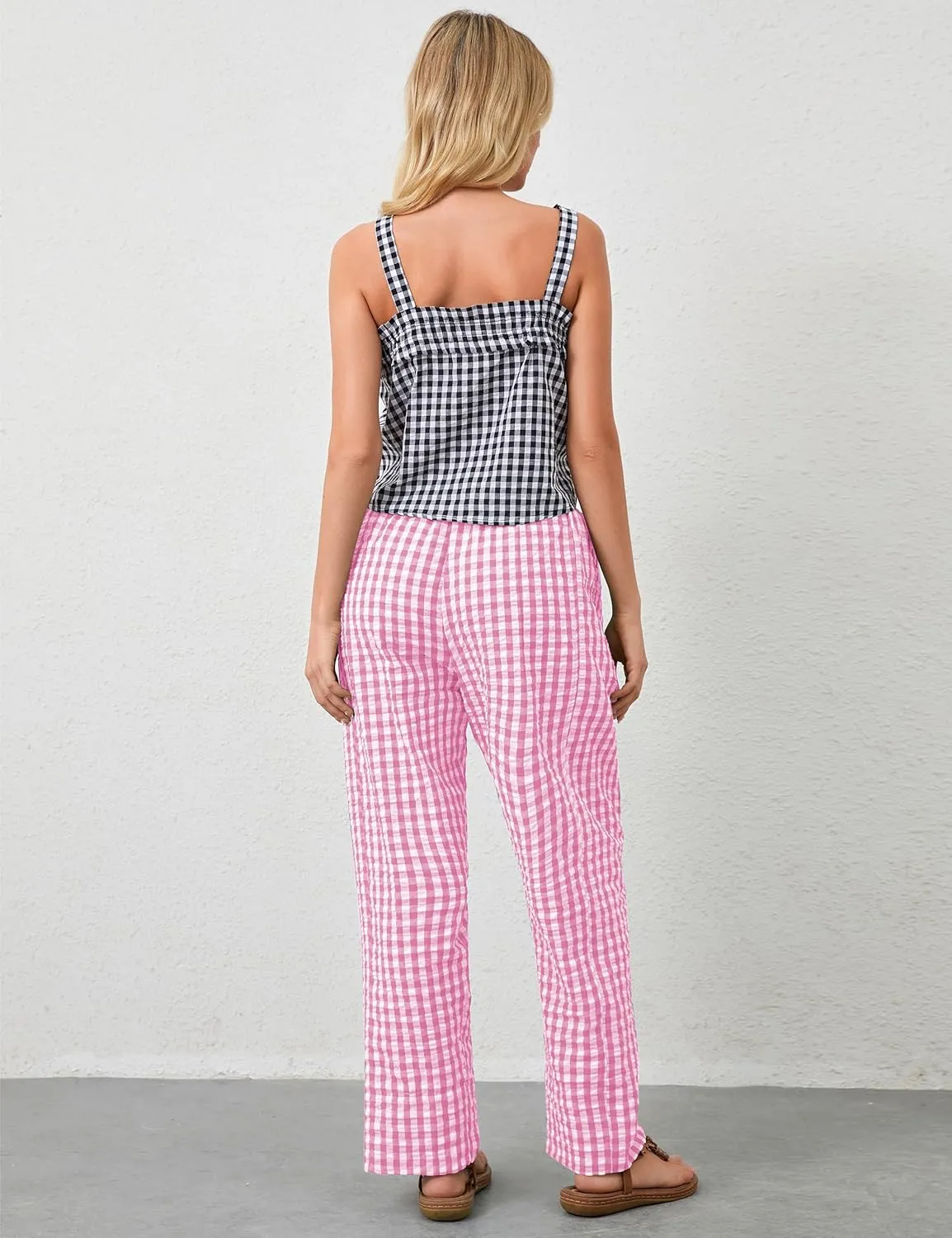 Women Plaid Wide Leg Pants Low Waist Gingham Print Lounge Long Tunic Pants Y2K Pajama Lounge Trousers with Pockets