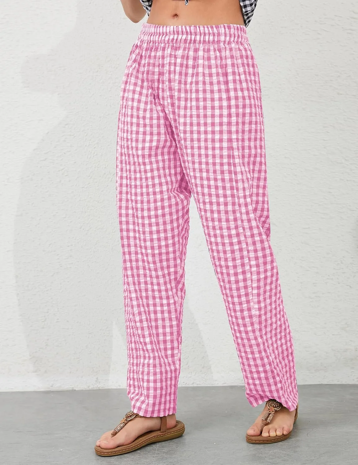 Women Plaid Wide Leg Pants Low Waist Gingham Print Lounge Long Tunic Pants Y2K Pajama Lounge Trousers with Pockets