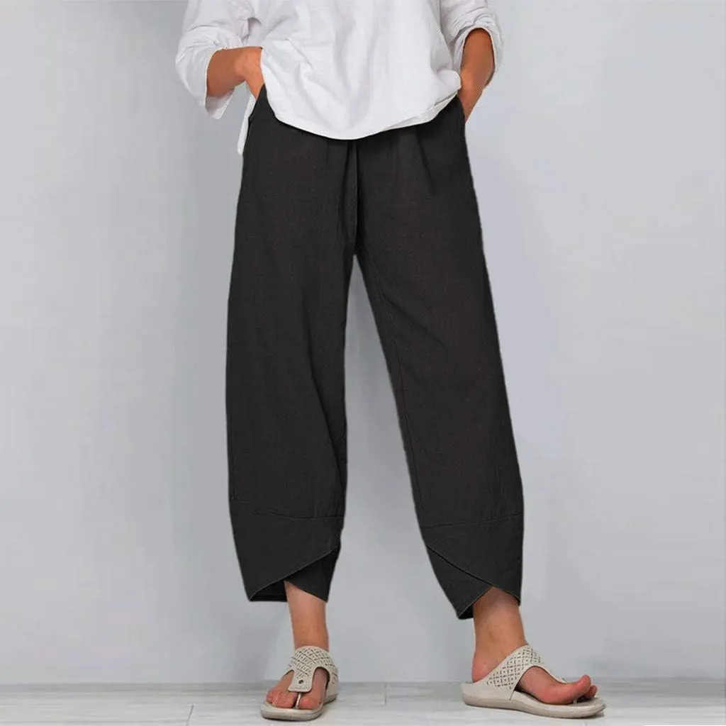 Women Plus Size Cotton Linen Pants Casual Loose Petal Bottom Wide Leg Pant Summer Beach Elastic High Waist Trousers