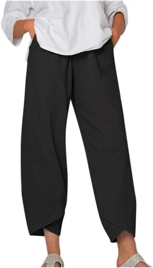 Women Plus Size Cotton Linen Pants Casual Loose Petal Bottom Wide Leg Pant Summer Beach Elastic High Waist Trousers