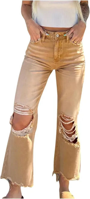 Women Ripped Jeans Wide Leg Capri Pants High Waist Hollow Out Denim Pants Y2K Vintage Casual Loose Trousers Streetwear
