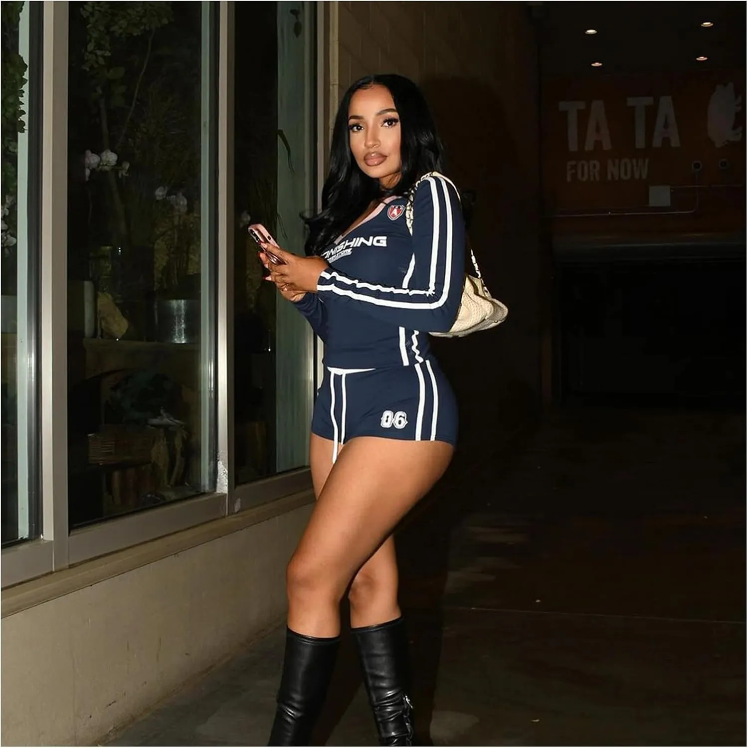 Women Sexy 2 Piece Outfits Printed V Neck Long Sleeve Tops and Drawstring Shorts Set Tracksuit