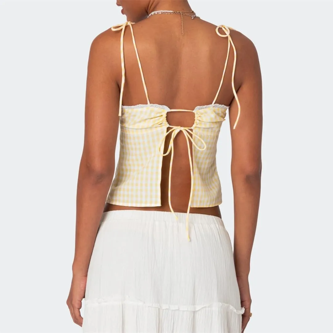 Women Sleeveless Camisole Tie-Up Backless Tanks Tops Plaid Top Vest Crop Bandage Y2K Slim Clothes