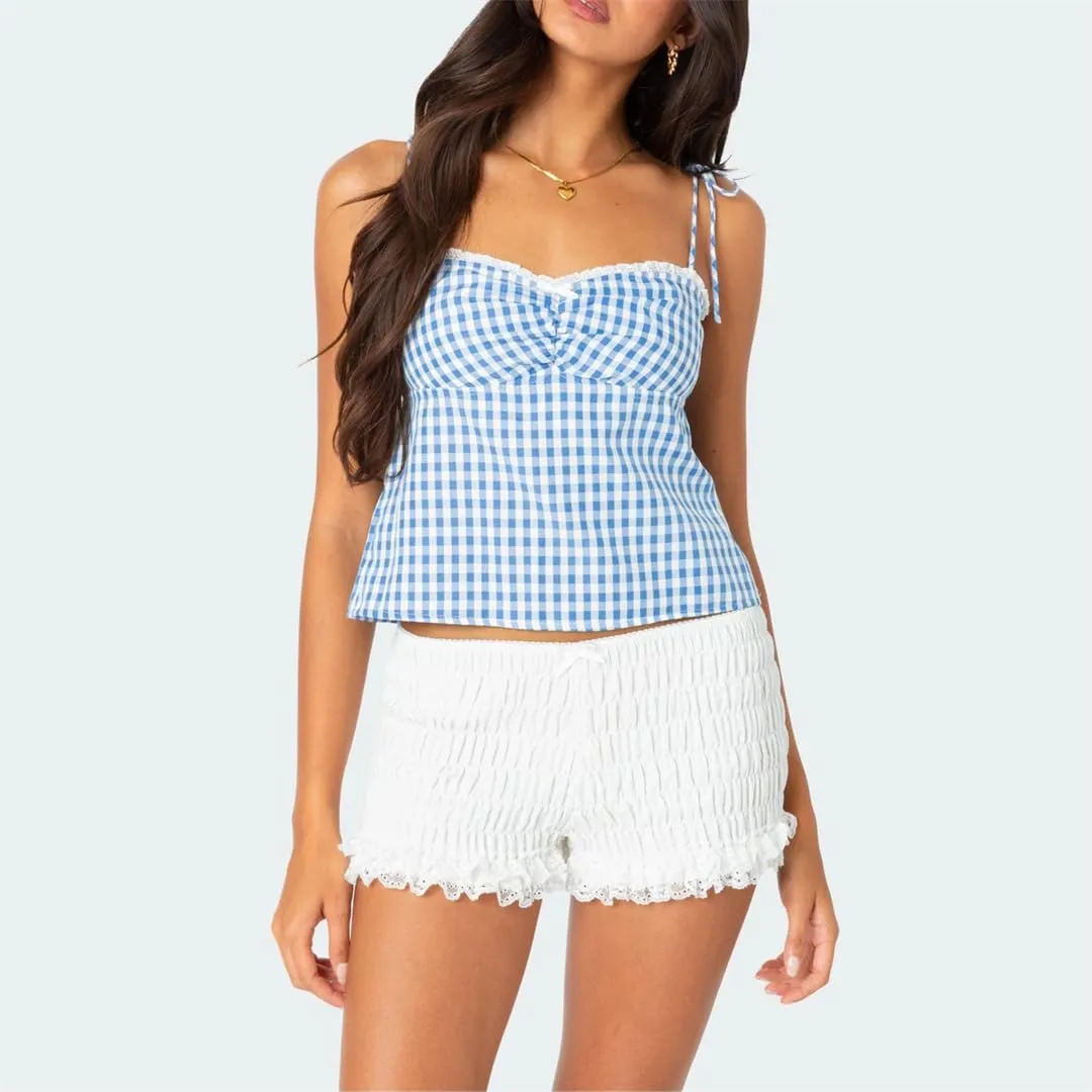 Women Sleeveless Camisole Tie-Up Backless Tanks Tops Plaid Top Vest Crop Bandage Y2K Slim Clothes