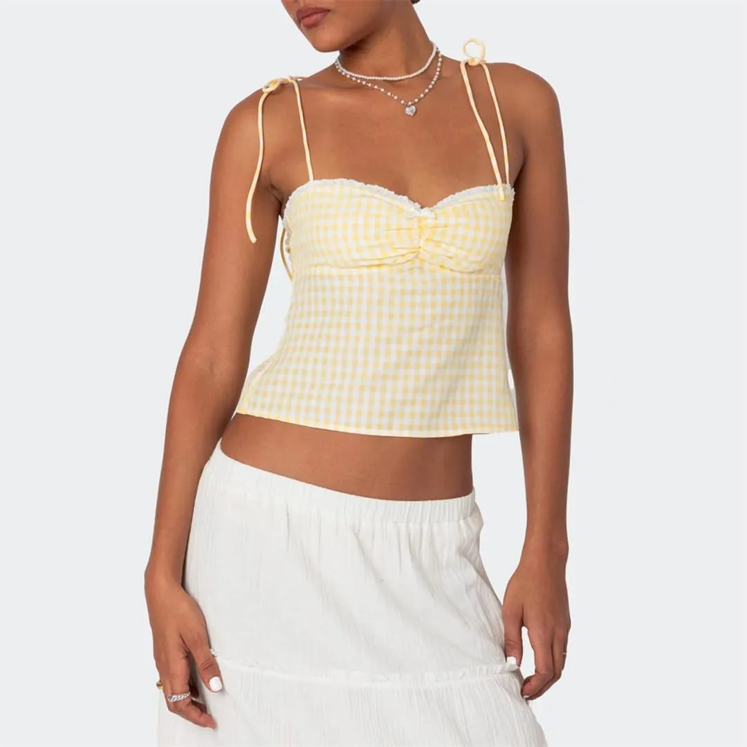 Women Sleeveless Camisole Tie-Up Backless Tanks Tops Plaid Top Vest Crop Bandage Y2K Slim Clothes