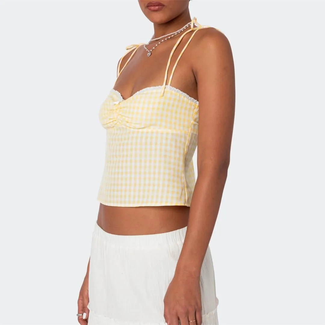 Women Sleeveless Camisole Tie-Up Backless Tanks Tops Plaid Top Vest Crop Bandage Y2K Slim Clothes
