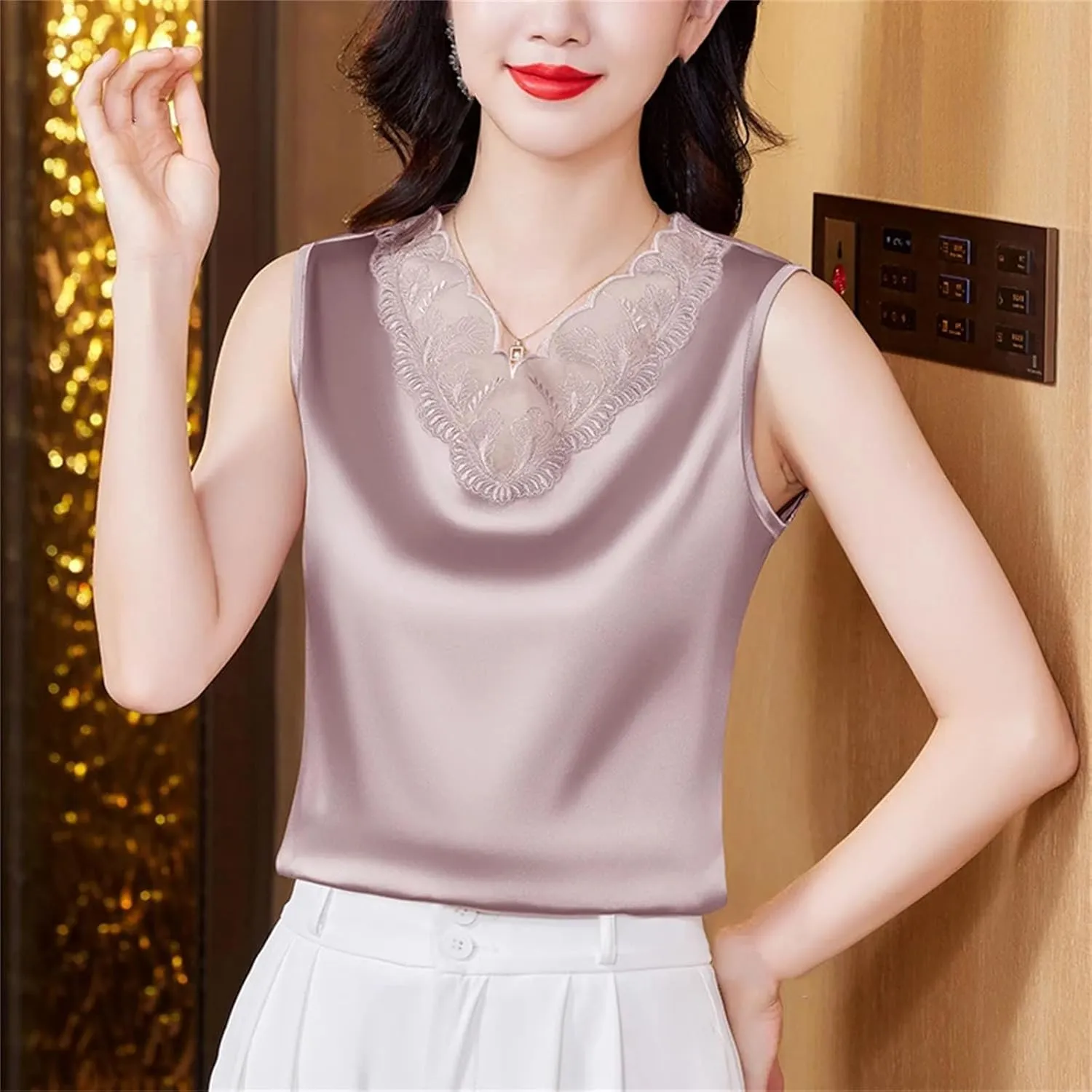 Women Spring Satin Camisole Shirt Sleeveless Tank top V-Neck Sexy Patchwork Lace Vest Tops