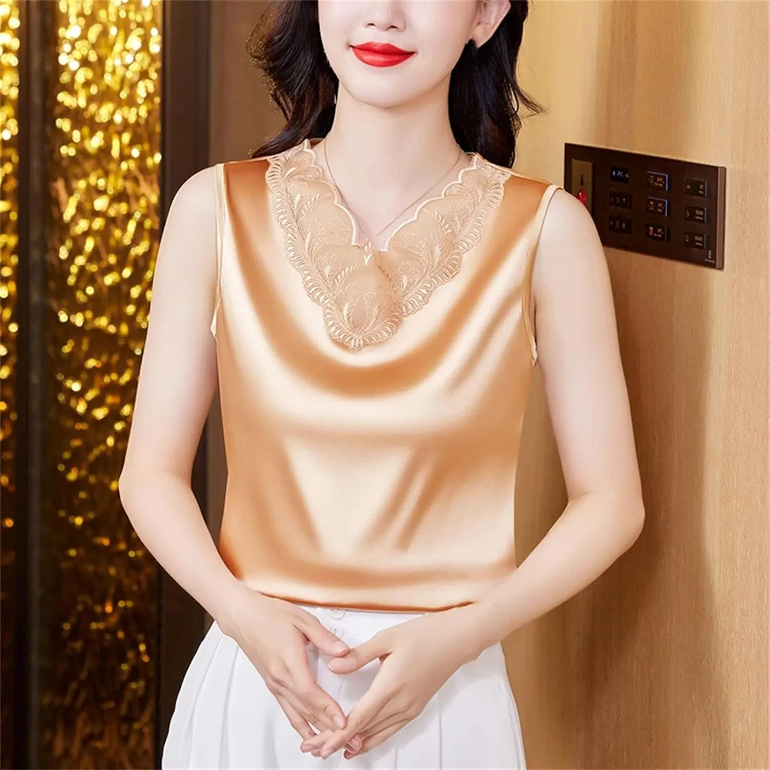 Women Spring Satin Camisole Shirt Sleeveless Tank top V-Neck Sexy Patchwork Lace Vest Tops