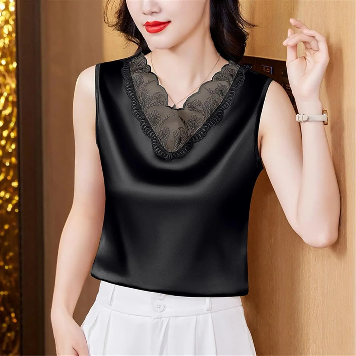 Women Spring Satin Camisole Shirt Sleeveless Tank top V-Neck Sexy Patchwork Lace Vest Tops