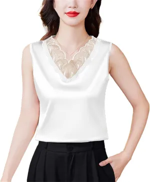 Women Spring Satin Camisole Shirt Sleeveless Tank top V-Neck Sexy Patchwork Lace Vest Tops