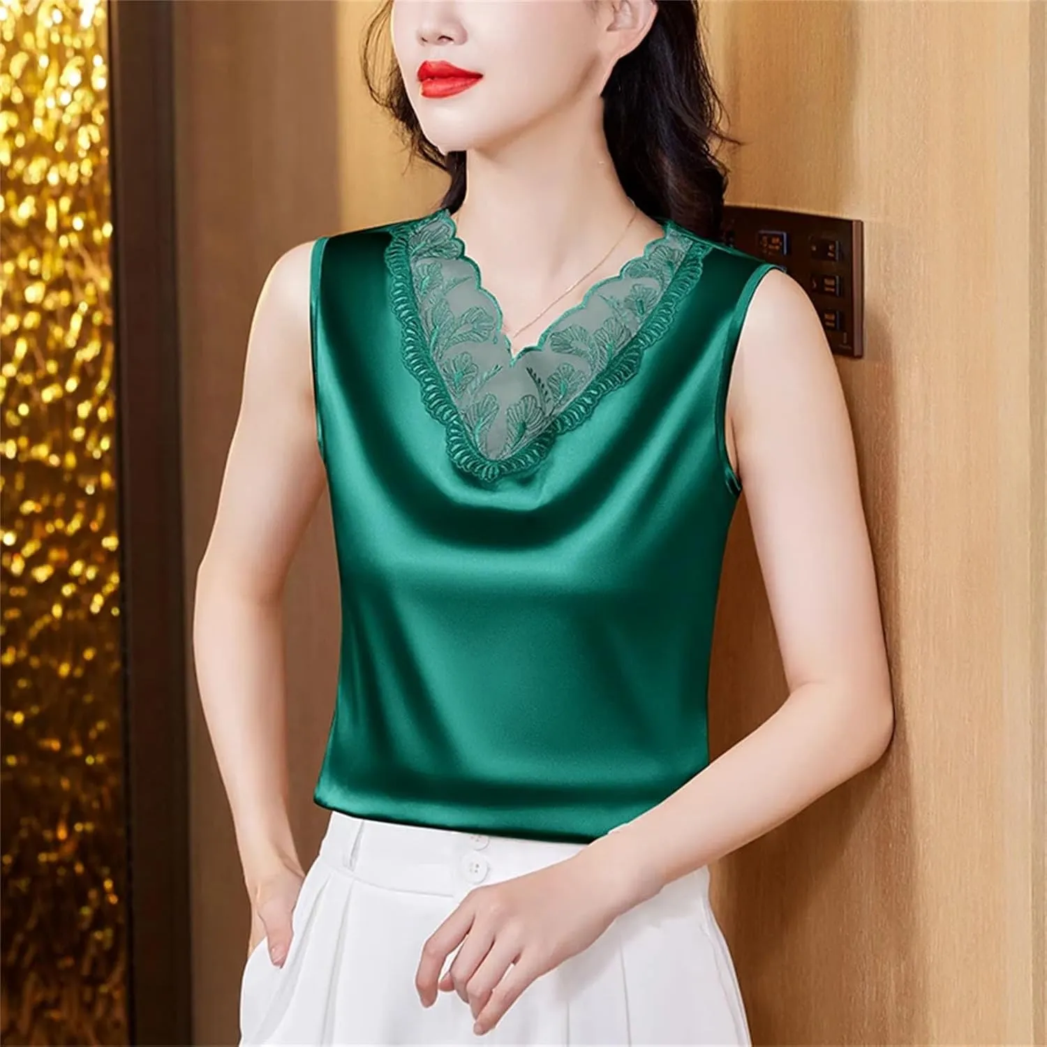 Women Spring Satin Camisole Shirt Sleeveless Tank top V-Neck Sexy Patchwork Lace Vest Tops