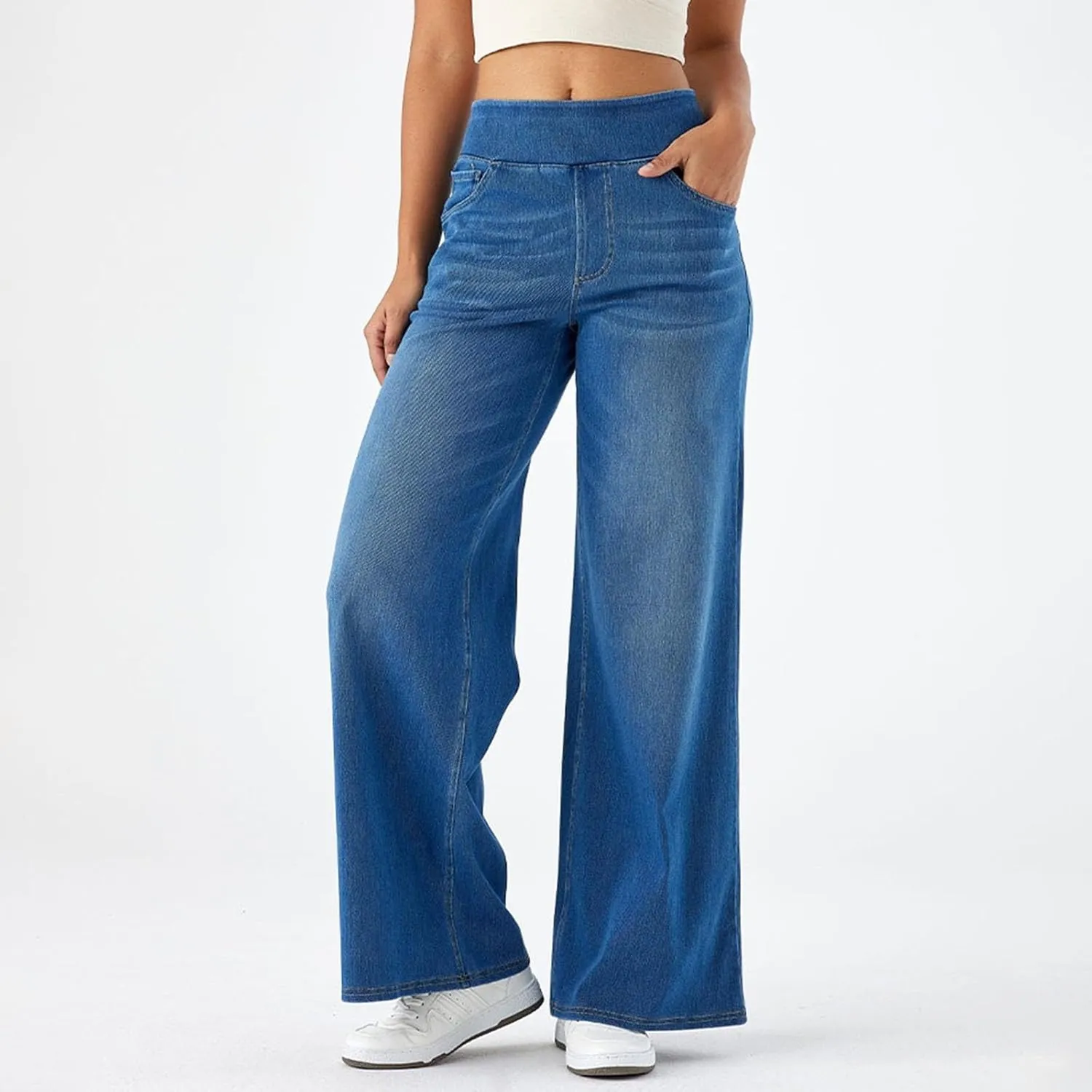 Women Sweatpant Jeans That Look Like Wide Leg Stretchy Denim Pant High Waisted Baggy Streetwear Trousers with Pockets