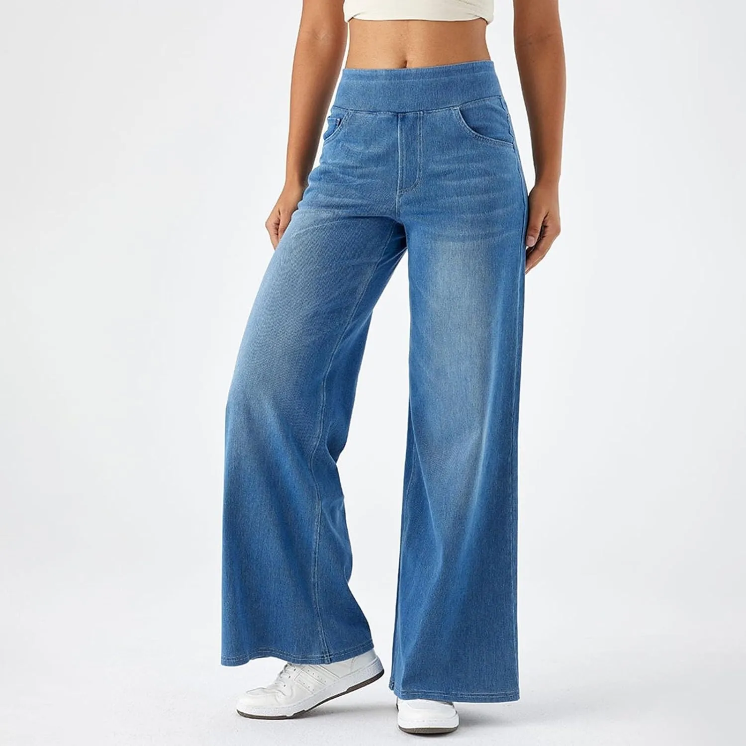 Women Sweatpant Jeans That Look Like Wide Leg Stretchy Denim Pant High Waisted Baggy Streetwear Trousers with Pockets