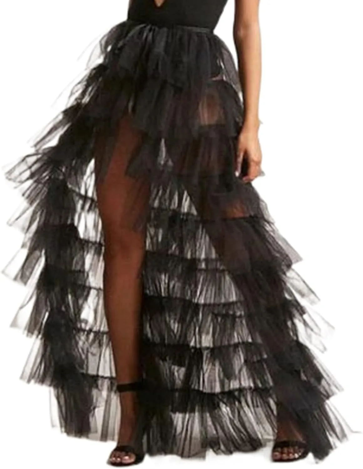 Women Tulle Skirt Floor Length High Waist Sheer Tulle Long Skirt Irregular Hem Lace-Up Puffy Skirt Party Prom Dresses