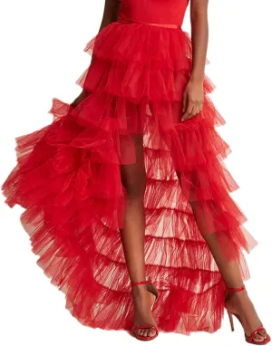 Women Tulle Skirt Floor Length High Waist Sheer Tulle Long Skirt Irregular Hem Lace-Up Puffy Skirt Party Prom Dresses