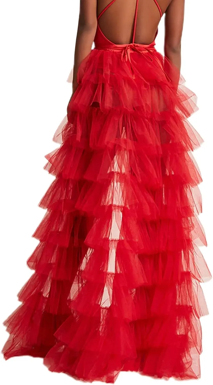Women Tulle Skirt Floor Length High Waist Sheer Tulle Long Skirt Irregular Hem Lace-Up Puffy Skirt Party Prom Dresses