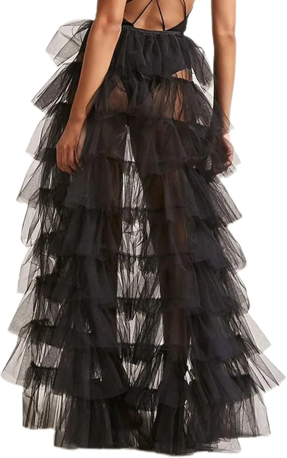 Women Tulle Skirt Floor Length High Waist Sheer Tulle Long Skirt Irregular Hem Lace-Up Puffy Skirt Party Prom Dresses