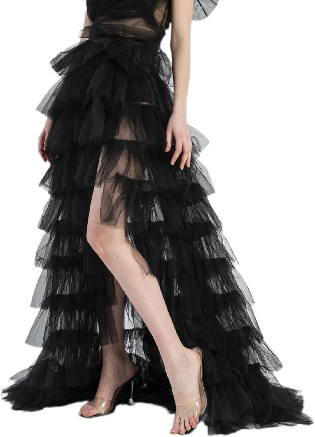 Women Tulle Skirt Floor Length High Waist Sheer Tulle Long Skirt Irregular Hem Lace-Up Puffy Skirt Party Prom Dresses
