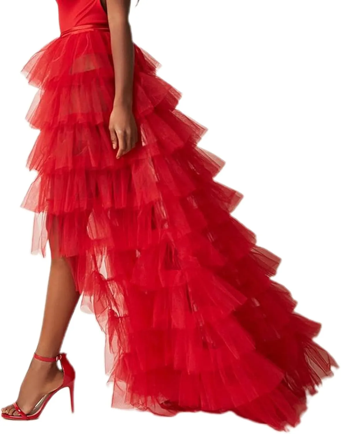 Women Tulle Skirt Floor Length High Waist Sheer Tulle Long Skirt Irregular Hem Lace-Up Puffy Skirt Party Prom Dresses