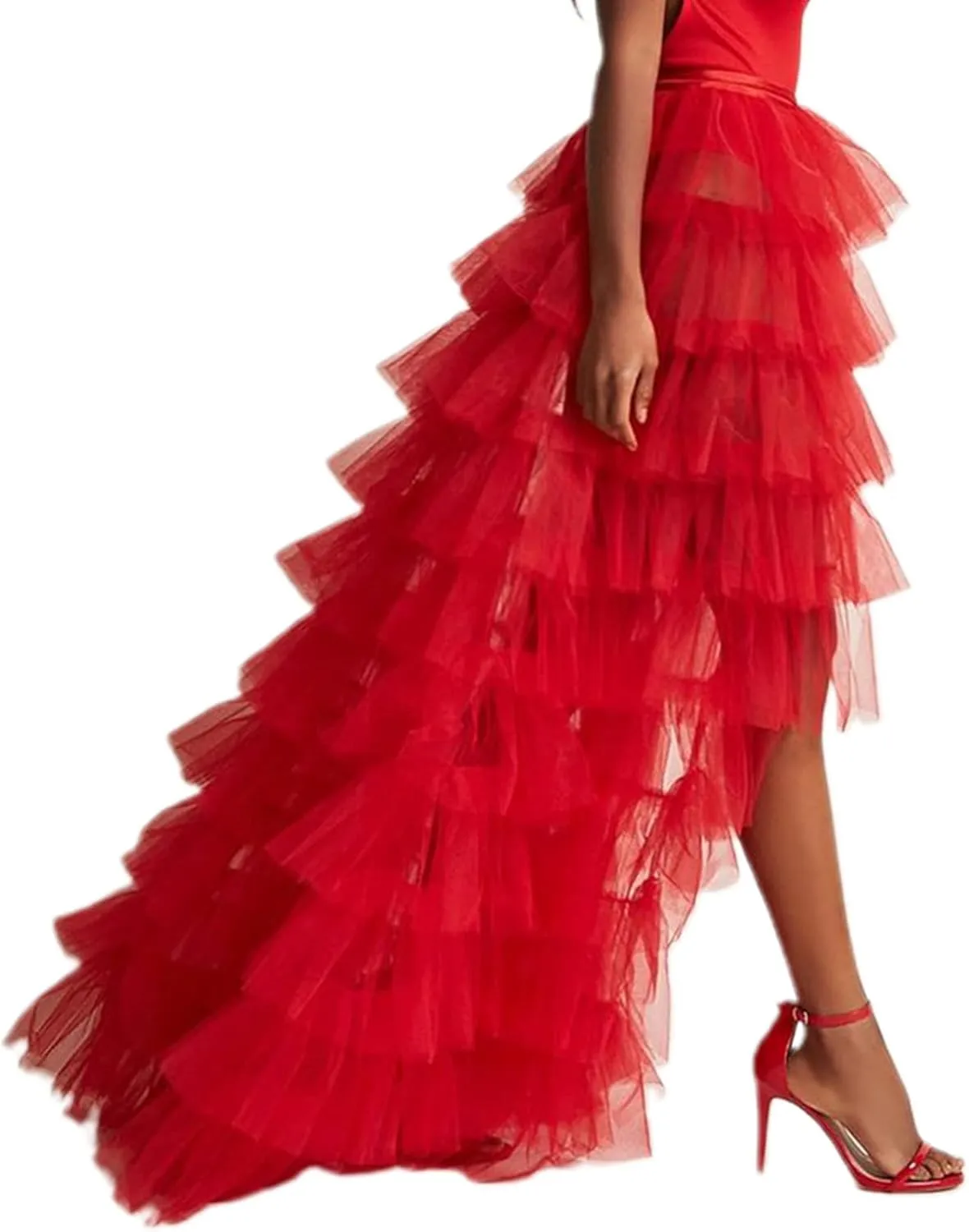 Women Tulle Skirt Floor Length High Waist Sheer Tulle Long Skirt Irregular Hem Lace-Up Puffy Skirt Party Prom Dresses