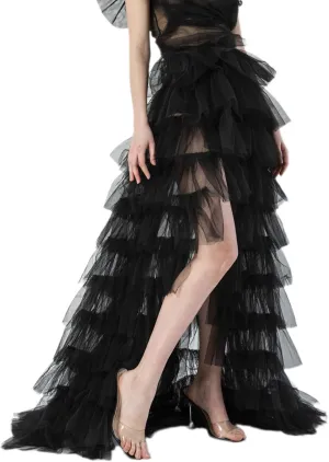 Women Tulle Skirt Floor Length High Waist Sheer Tulle Long Skirt Irregular Hem Lace-Up Puffy Skirt Party Prom Dresses