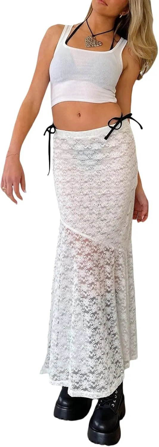 Women Y2k Lace Maxi Skirt High Waist See Through Ruffle Slip Long Skirts Layered Flowy Summer Beach Skirts