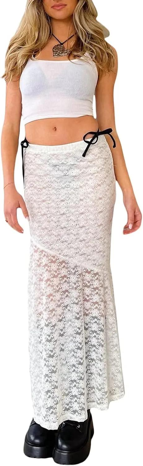 Women Y2k Lace Maxi Skirt High Waist See Through Ruffle Slip Long Skirts Layered Flowy Summer Beach Skirts
