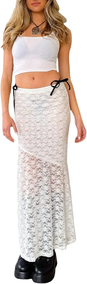 Women Y2k Lace Maxi Skirt High Waist See Through Ruffle Slip Long Skirts Layered Flowy Summer Beach Skirts