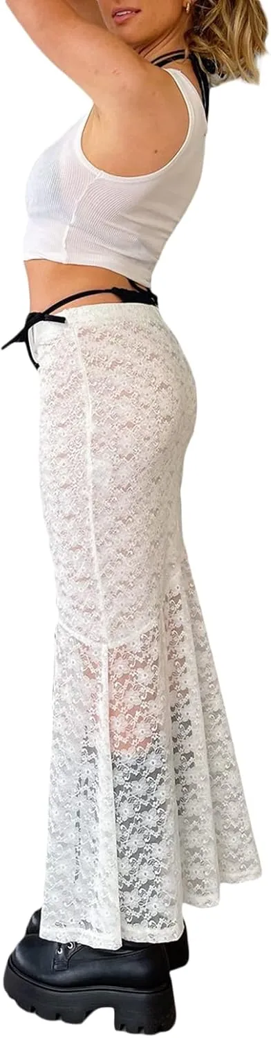 Women Y2k Lace Maxi Skirt High Waist See Through Ruffle Slip Long Skirts Layered Flowy Summer Beach Skirts