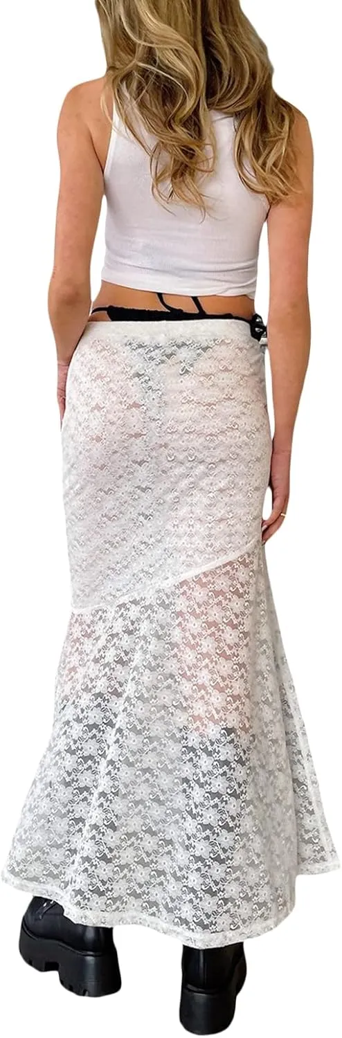 Women Y2k Lace Maxi Skirt High Waist See Through Ruffle Slip Long Skirts Layered Flowy Summer Beach Skirts