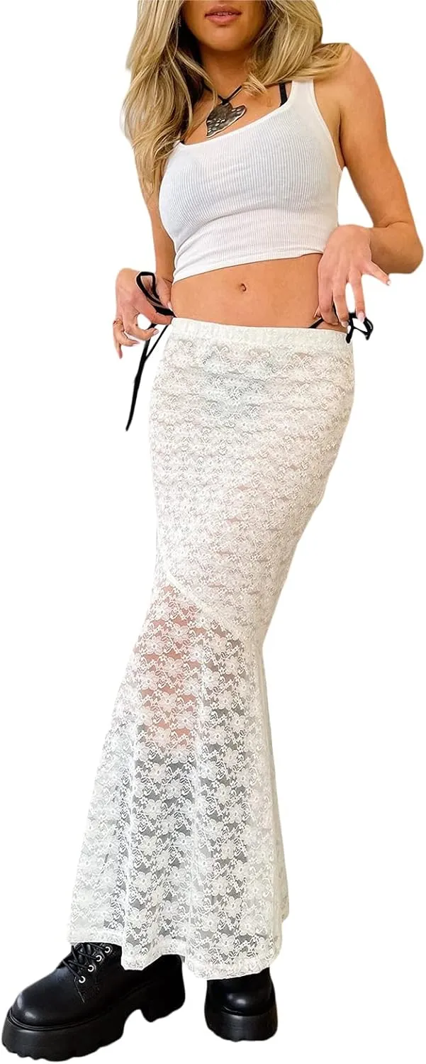 Women Y2k Lace Maxi Skirt High Waist See Through Ruffle Slip Long Skirts Layered Flowy Summer Beach Skirts
