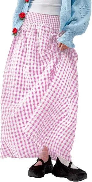 Women Y2K Plaid Long Skirt Elastic Waist Pleated Gingham Print Maxi Skirt Cute Aesthetic Skirt for Teen Girls